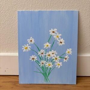 White Daisies on Blue Canvas Acrylic Painting ORIGINAL